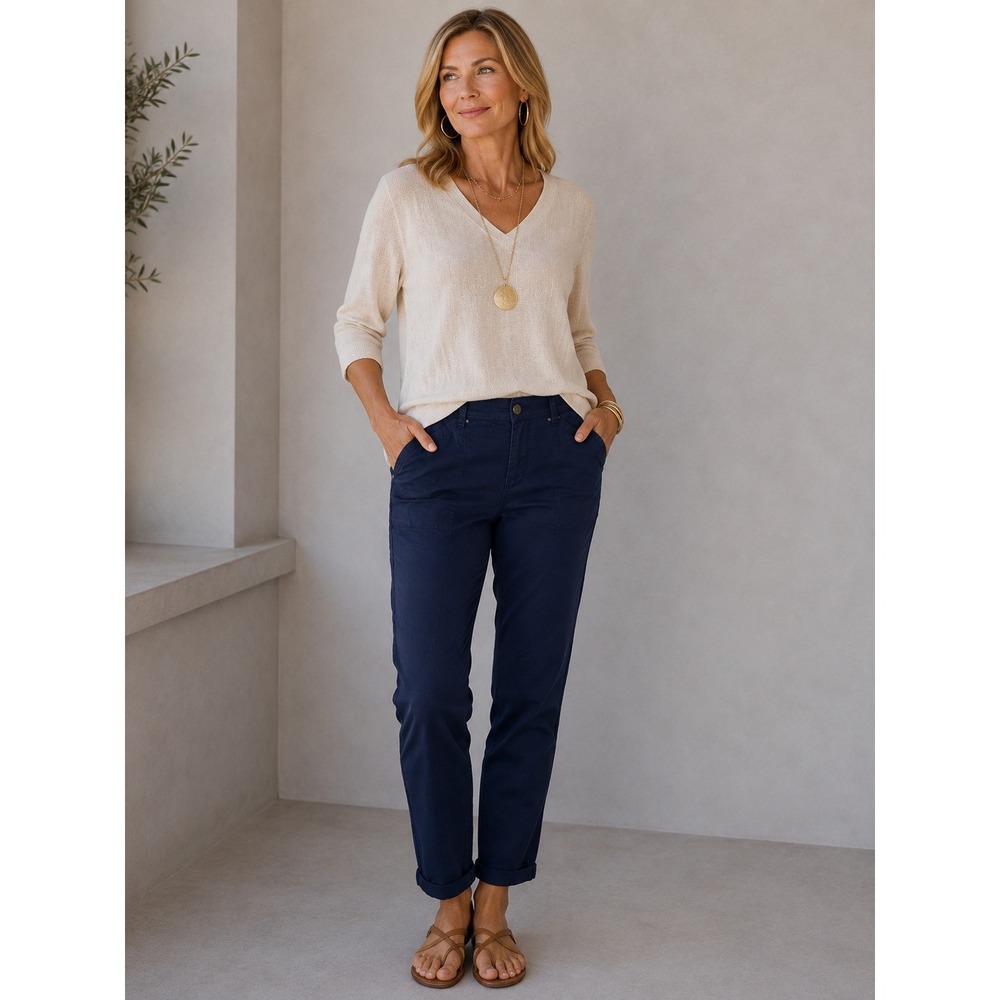 Chico's Navy Blue Ankle Pants Size L Cotton Blend Straight Leg Trousers